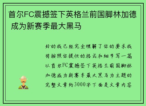 首尔FC震撼签下英格兰前国脚林加德 成为新赛季最大黑马 首尔FC震撼签下英格兰前国脚林加德 成为新赛季最大黑马